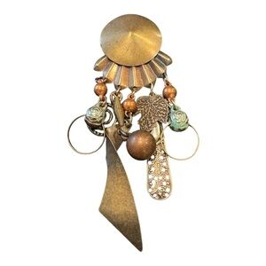 Vintage Artisan Statement Brooch – Mixed Metal Abstract Dangle Design J11